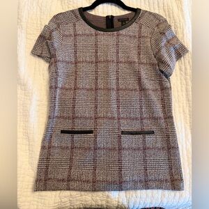 Ann Taylor Plaid Short Sleeve Top Leather Detail